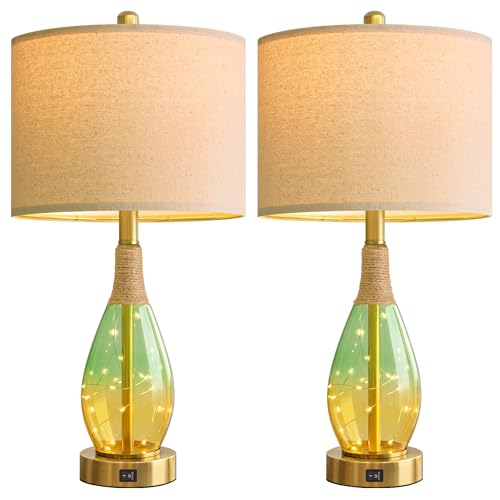 OYEARS 23" Table Lamps Set of 2,Farmhouse Lamps with Glass Nightlight, Bedside Lamps for Living Room, Rattan Lamps for Bedroom Nightstands, Two Light Points - color: Yellow Green