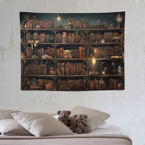 Houselerax Vintage Bookshelf Tapestry Library Wall Hanging Tapestries,Old Books on Shelf Classical Study Room Student Study College Dorm Bedroom Living Room 60"x40" - color: Bookshelf-5, size: W60xL40in
