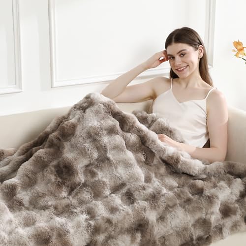 Faux Rabbit Fur Throw Blanket for Couch, Fluffy Warm Plush Thick Bubble Blanket for Bed Sofa Living Room, Soft Cozy Furry Blanket, 50x60 inches, Tie-dye Brown - color: Tie-dye Brown, size: Throw50"x60"