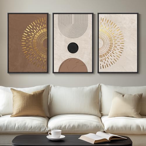Framed Boho Neutral Abstract Wall Art, 3 Piece Canvas Prints Paintings Artwork for Walls, Large Minimalist Brown Beige Gold Geometric Pictures for Living Room Hallway Bedroom Office Wall Decor 16x24 - color: Radiant, size: 16" W x 24" H x 3pcs