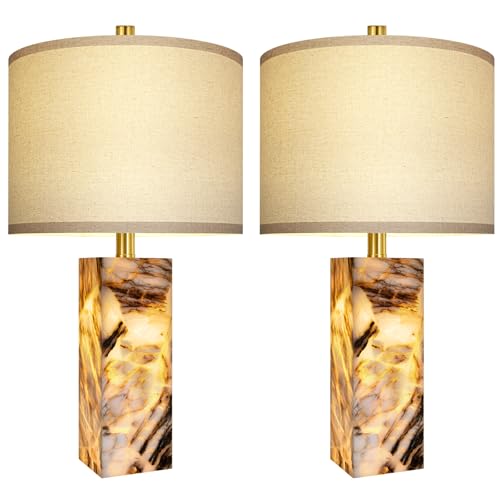 Scenekoy 23" Modern Alabaster Table Lamps Set of 2 with Night Light for Bedroom, Rotary Switch, Bedside Lamp with Linen Shade, Brown Table Lamp for Living Room Nightstand Office (Bulb Included) - color: Brown