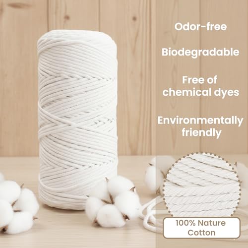 109 Yards Macrame Cord 4 Strand Twisted Recycled Cotton 4mm White String for Crafts Wall Hangings Plant Hangers DIY Knitting Macrame Supplies - color: White, size: 4mmx109Yards
