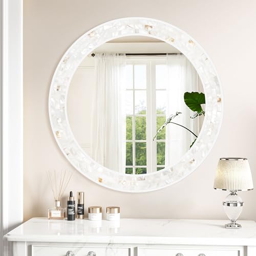 Tanmicoshomy Round Wall Mirror 30 Inch, Natural Shell White Framed Circle Mirrors with Tempered Glass for Coastal Bathroom Bedroom Living Room or Entrayway - color: White, size: 30"L x 30"W