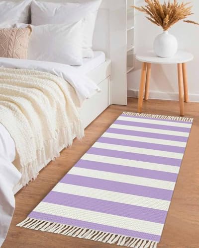 Purple Stripes Kitchen Runner Rug 2'x4', Washable Woven Cotton Area Rug with Tassels Bathroom Hallway Rug, Farmhouse White Simple Vertical Striped Entryway Bedroom Rug Non Slip Throw Rug Carpet - color: Purple, size: 2 x 4 ft