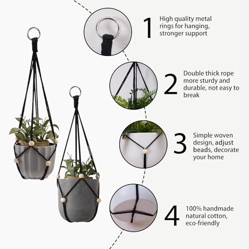 Artilady Black Hanging Planter for Indoor Plants Macrame Plant Hanger Large Hanging Plant Holder Basket with Adjustable Beads Outdoor Window Boho Plant Wall Decor (Black Bead-2pcs) - color: Black Bead-2pcs