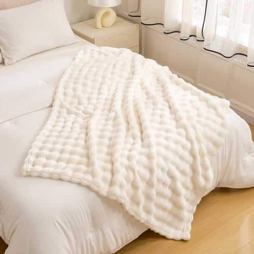 YUSOKI 3D Fleece Bubble Throw Blanket | 380GSM Ultra Soft Fluffy Plush | Non-Shedding Lightweight Cozy Blanket for Couch Sofa Bed | All Season (Ivory,50 * 60inches) - color: Ivory, size: Throw(50" x60")