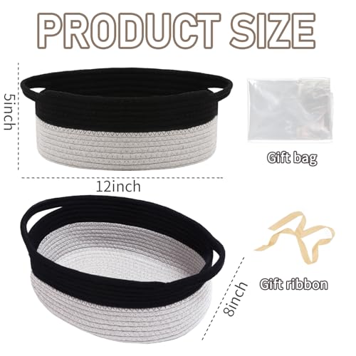 JMvicyroam Woven Basket,Small Rope Storage Bin with Handles & Ribbon Bag, Organizer for Shelves Closets,Gift Basket Empty for Birthday,Books,Dog Toys, Black&Grey/2 Pack - color: Black&Grey, size: 2 Pack