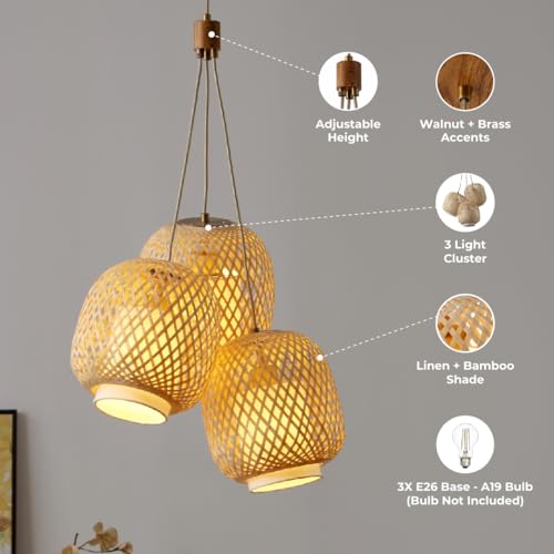 FOS - Modern Bohemian 3-Light Cluster Pendant in Brushed Brass with Woven Bamboo Spherical Shades, 78 in. Cord for Dining Table, Kitchen, Coffee Table, Nursery, Bedroom, Living Room - color: Fos - 3 Light
