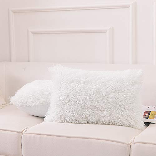 NordECO HOME Luxury Soft Faux Fur Fleece Cushion Cover Pillowcase Decorative Throw Pillows Covers, No Pillow Insert, 12" x 20" Inch, White, 2 Pack - color: A-white, size: 20" x 12" (Pack of 2)