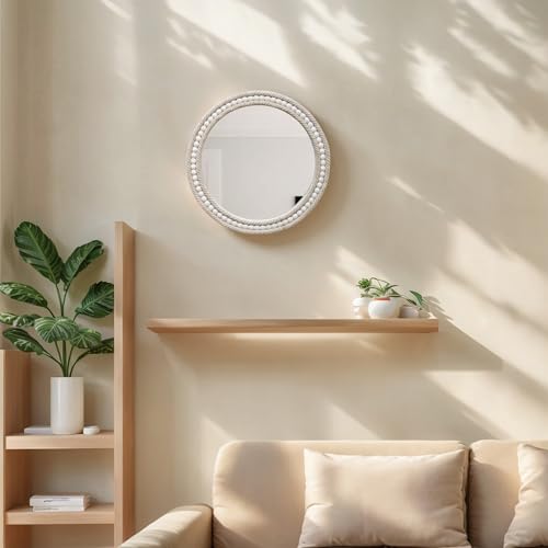 Boho Round Beaded Wall Mirror - 16 Inch Decorative Rope-Wrapped Circle Mirrors for Bathroom Living Room Entryway