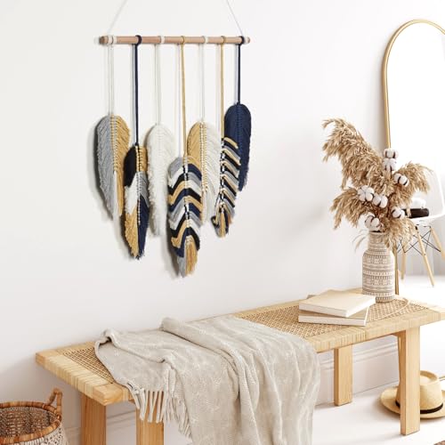 Betylifoy Macrame Leaf Wall Hanging, Boho Wall Decor, Handmade Woven Leaf Feather Boho Tapestry Bohemian Chic Wall Art Decor for Bedroom Living Room Nursery Apartment Backdrop - color: Blue Yellow