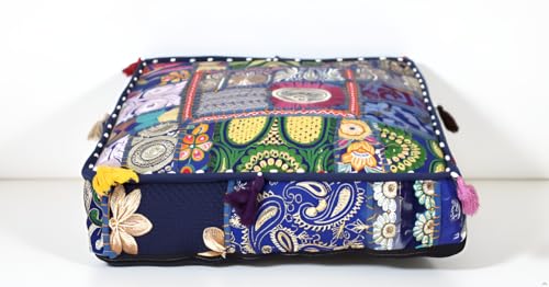 CRAFT KALA Indian Square Patchwork Traditional Pouf Cover Indian Living Room Poufs Decorative Embroidered Designer Ottoman Home Living Footstool Chair Cover Decor Pillow Cover 18x18x5 inches, Blue - color: Blue, size: 18"D x 18"W x 5"H