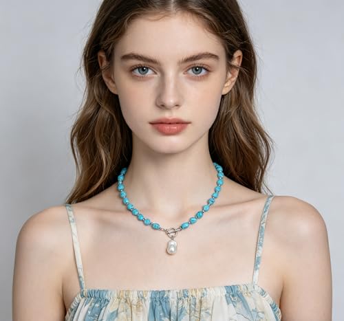Beaded Necklaces for Women with Baroque Pearl, Turquoise Amethyst Lapis lazuli Tiger Eye Handmade Boho Bead Choker Necklace, Natural Stone Summer Jewelry Birthday Mother Gift for Women - color: Turquoise