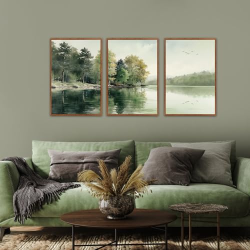 KAIRNE Framed Nature Canvas Wall Art Set,Misty Forest Wall Decor,Green Mountain Forest Pictures,Lake Water Painting set of 3(16”x24”),Landscape Scene Print for Living Room, Bedroom,Gallery Decor - color: Misty Forest(medium), size: 16"Lx24"W