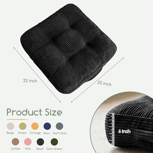 HIGOGOGO 6" Extra Thick Floor Pillow Cushion for Adults, Meditation Cushion Pillow, Large Square Floor Sitting, Tufted Corduroy Cover, for Tatami Living Room or Yoga, 22x22 Inch, 2Pack, Black - color: Square Black, size: 6" Thick(Pack of 2)