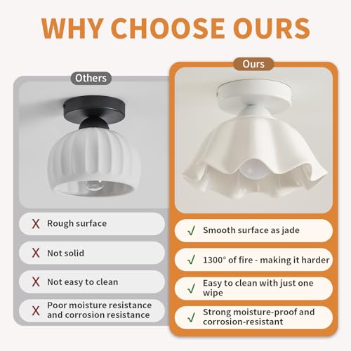 2 Pack Semi Flush Mount Ceiling Light - Flower Glaze Ceramic, White Vintage Hallway Light Fixtures, Milk Glass Ceiling Lights, Mid Century Small Light Fixture for Cottage Entryway Laundry Room Foyer - color: Glaze Flower Ceramic-White