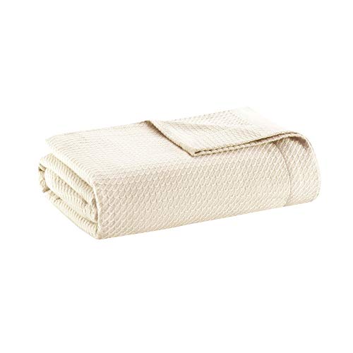 Madison Park 100% Egyptian Cotton Lightweight Summer Blanket, Breathable Waffle Knit Design, Soft Cozy All-Season Throw for Bed, Couch or Sofa, Ivory Cream Full/Queen Size (90"x90") - color: Cream, size: Full/Queen