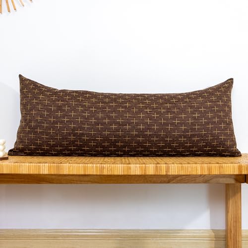 JoraLion Decorative 14x36 Lumbar Pillow Cover, Dark Coffee Cross Pattern Woven Textured Cushion Case Polyester Cozy Modern Farmhouse Vintage Pillowcase for Couch Sofa Bed Living Room, ONLY 1 Cover - color: Dark Coffee