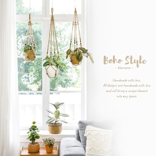 Mkono 3 Pack Macrame Plant Hangers Indoor Different Size Hanging Planter Basket Flower Pot Holder with Beads No Tasselss 43"/35"/29", Large, Brown - color: Brown, size: Large