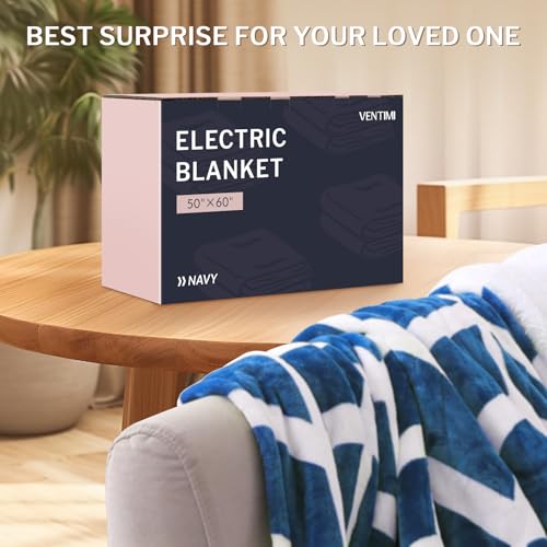 VENTIMI Electric Blanket Heated Throw, 50" x 60" Heated Blanket with 5 Heat Levels & 3 Hours Auto Off, Fast Heating Blankets with ETL & FCC Certification, Navy - color: Navy, size: Throw