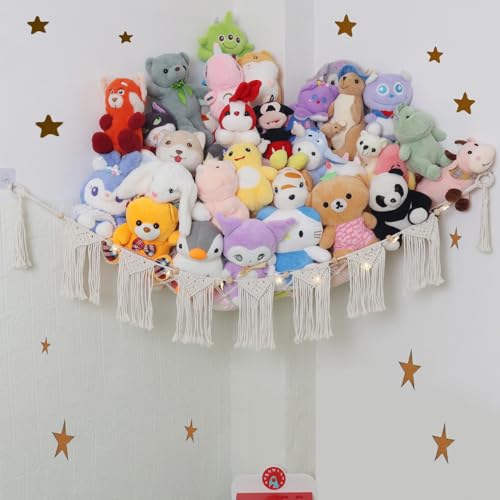 Large Stuffed Animal Hammock or Net, Macrame Boho Toy Hammock with LED Light, Decorate Net for Stuffed Animals Corner, Space Saving Hanging Stuff Animal Organizer Holder for Kids Bedroom Playroom - style: B