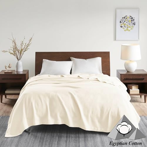 Madison Park 100% Egyptian Cotton Lightweight Summer Blanket, Breathable Waffle Knit Design, Soft Cozy All-Season Throw for Bed, Couch or Sofa, Ivory Cream Twin Size (66"x90") - color: Cream, size: Twin