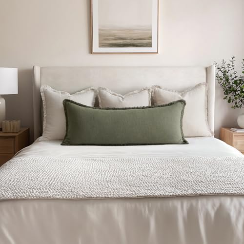 MIULEE Decorative Throw Pillow Covers Neutral Linen Fringe Throw Pillows Set of 1 Olive Green Boho Farmhouse Cushion Covers for Couch Sofa Bed Living Room Spring Home Decor 14x36 Inch - color: Olive Green