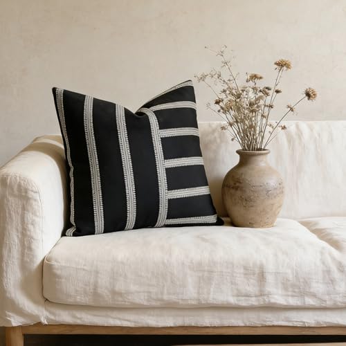 Slow Cow Linen Black and Off White Jacquard Textured Woven Stripe Patchwork Throw Pillow Cover Square 18 x 18 Inches - color: Black Patchwork, size: 18" x 18" (Pack of 1)