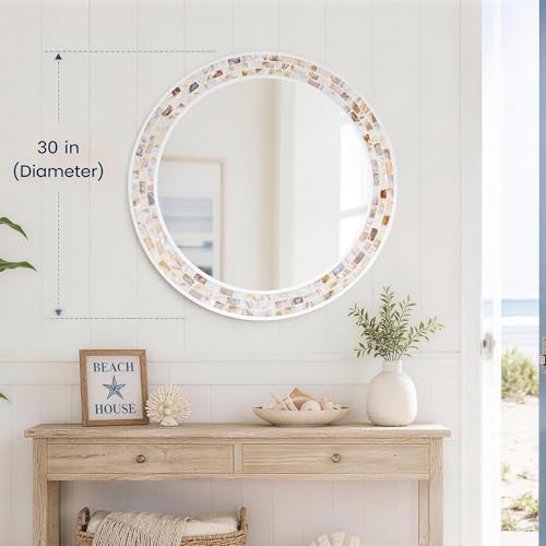Tanmicoshomy Round Wall Mirror 30 Inch, Natural Brown Shell Framed Circle Mirrors with Tempered Glass for Bathroom Bedroom Living Room or Entrayway - color: Brown, size: 30"L x 30"W