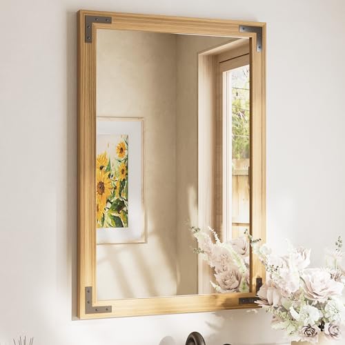 TETOTE 24 x 36 Natural Wood Framed Mirror for Bathroom Wall/Bedroom/Living Room/Entryway Farmhouse Rustic Bathroom Vanity Mirror Waterproof (Horizontal/Vertical Mounted) - color: Wood, size: 36"L x 24"W