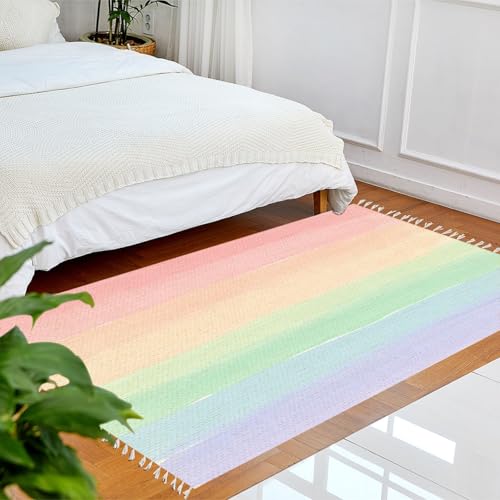 Boho Rug Rainbow Pastels Watercolor Rainbow Watercolor Brush Stroke Stripes Area Rug Carpet Patio Rug Hallway Runner Rug Mat Pad Minimalist Home Decor for Living Room Bedroom Indoor Outdoor - color: Multi10, size: 90x150cm