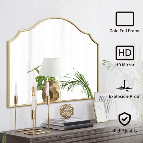 Besdomus Gold Scalloped Mirror for Dresser: 35"x26" Modern Wooden Mantel Mirror - Minimalist Decorative Wall for Vanity/Bedroom/Fireplace/Entryway - Ideal for 20-44 Age Fashion Women - color: Gold Leaf, size: 26"L x 35"W