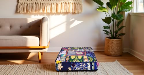 CRAFT KALA Indian Square Patchwork Traditional Pouf Cover Indian Living Room Poufs Decorative Embroidered Designer Ottoman Home Living Footstool Chair Cover Decor Pillow Cover 22x22x5 inches, Blue - color: Blue, size: 22"D x 22"W x 5"H