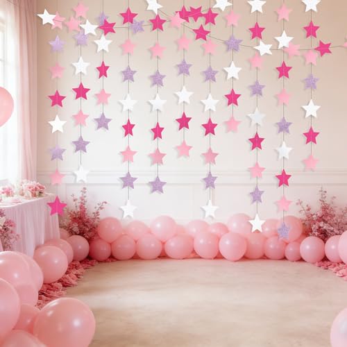 Glitter Pink, Rose Red & Pink White Iridescent Star Garland 90FT, 240pcs Hanging Glitter Star Banner Backdrop for Birthday, Baby Shower, Wedding & Christmas Party Decorations (6 Packs) - color: Glitter Pink & Rose Red & Pink & White