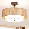 Bohemian Semi-Recessed Pendant Light Wicker Ceiling Lamp 16-Inch Farmhouse-Style Pendant with Natural Hemp Rope Fabric Shade Suitable for Dining Room/Living Room/Bedroom/Kitchen - color: 16'' Hemp rope&Fabric Gold