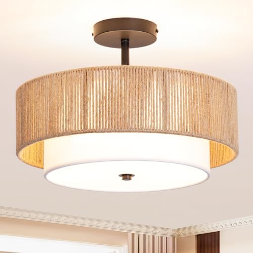 Bohemian Semi-Recessed Pendant Light Wicker Ceiling Lamp 16-Inch Farmhouse-Style Pendant with Natural Hemp Rope Fabric Shade Suitable for Dining Room/Living Room/Bedroom/Kitchen - color: 16'' Hemp rope&Fabric Gold