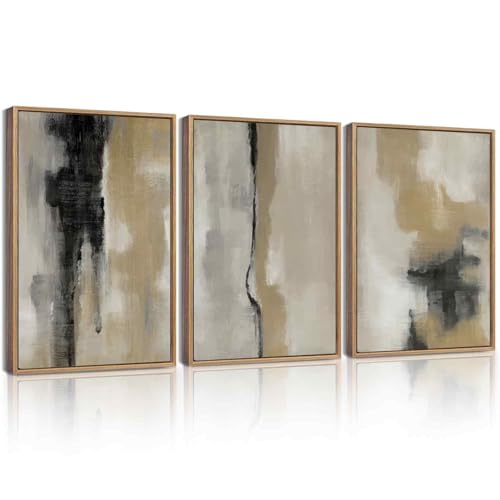 KUVIOKE Black Gray Abstract Framed Wall Art Neutral Wall Decor Minimalist Modern Illustrations Art Print for Living Room Bedroom 12x16in (Natural Framed) - color: Black Gray Abstract, size: 12 x 16in x 3 Panels Natural