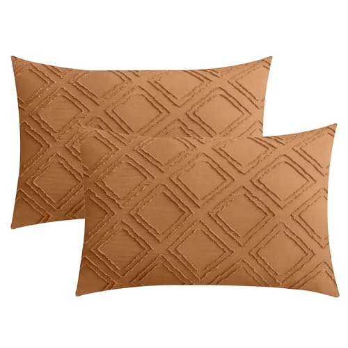 JELLYMONI Pillowcases King Size Rust 2 Pack Boho Plaid Bed Pillow Covers 20x36in Polyester Envelope Pillow Shams Tufted Bohemian Textured (Pillows are not Included) - color: 03 - Rust - Grid, size: 36" x 20" (Pack of 2)