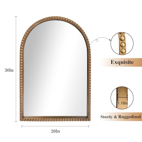 ironsmithn Gold Arched Mirror, 20"x30" Beaded Frame Arch Mirrors, Marlowe Decorative Accent Mirrors for Bathroom Fireplace Bedroom Living Room, Entryway, Antique Gold - size: 30"L x 20"W