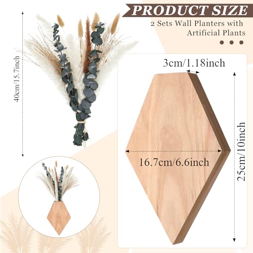 2 Pcs Bohemian Wooden Wall Planter Set with Pampas Grass Modern Farmhouse Wall Decor for Living Room, Bathroom, Bedroom, Office (Original Wood Color,Natural Style) - color: Original Wood Color, style: Natural Style