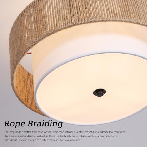 Bohemian Semi-Recessed Pendant Light Wicker Ceiling Lamp 16-Inch Farmhouse-Style Pendant with Natural Hemp Rope Fabric Shade Suitable for Dining Room/Living Room/Bedroom/Kitchen - color: 16'' Hemp rope&Fabric Gold
