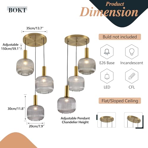 BOKT 3-Light Cluster Pendant Lights Modern Smokey Gray Glass Globe Pendant Light Adjustable Open Glass Kitchen Island Pendant Chandelier Vintage Multi Light Pendant Lighting Cluster - color: Smoke Gray 3-Light