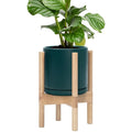 D'vine Dev Ceramic Planter with Natural Stand - 8 Inch Modern Round Flower Pot with Wood Planter Holder, Teal, 55-B-N-4 - color: Teal Pot + Natural Stand, size: 8 Inch