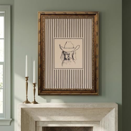 Vintage Gold Framed Western Cowboy Dog Wall Art -Striped Western Pet Canvas Decor Animal Sketch Artwork Picture for Living Room Bedroom Home Wall decor 12x16 Inches - color: Golden Retriever Dog In Cowboy Hat, size: 12"L x 16"W