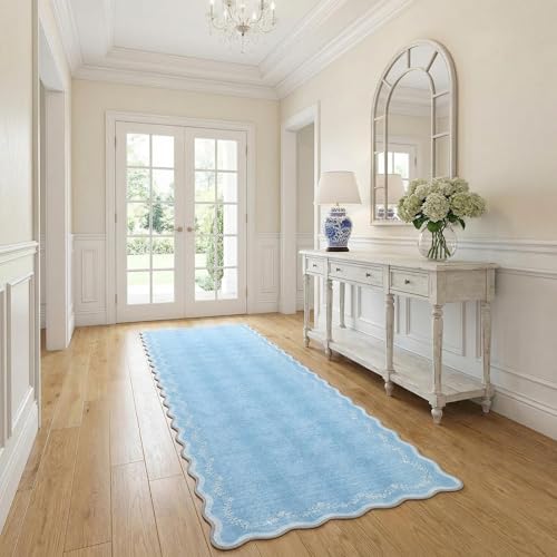 GarveeHome 2x6 Scalloped Washable Runner Rug for Kitchen, Soft Blue Hallway Runner Non Slip Entryway Rug Farmhouse Thin Laundry Mat Stain Resistant Carpet for Bedroom Bathroom Beside Rug - color: Baby Blue, size: 2' x 6' (Rectangular)