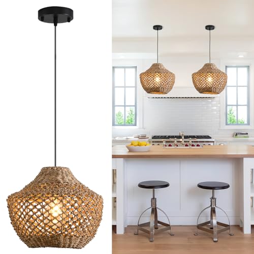 2-Pack Rattan Pendant Light, 11.81" Boho Pendant Light Rattan Chandelier Handmade Woven Wicker Rattan Hanging Chandelier for Farmhouse Dining Room Bedroom Hallway Kitchen Island - color: Brown rattan, size: 2 -pack 11.8in