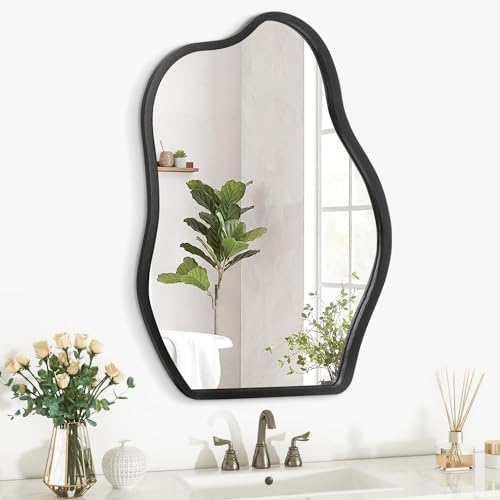 Irregular Mirror for Wall Decor Asymmetrical Wooden Framed Wall Mirror Modern Unique Shape Vanity Artistic Cloud Mirror Decorative for Living Room Bedroom Bathroom Entryway Black - color: Inky, size: 26"L x 18"W