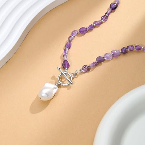 Beaded Necklaces for Women with Baroque Pearl, Turquoise Amethyst Lapis lazuli Tiger Eye Handmade Boho Bead Choker Necklace, Natural Stone Summer Jewelry Birthday Mother Gift for Women - color: Amethyst