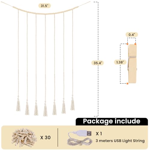 Macrame Hanging Photo Display Boho Wall Decor with String Lights Wooden Beads Garland Picture Frame Collage Holder with 30 Clips for Room, Bedroom, Dorm, Christmas Teenage Teen Girl Gifts (Beige, Medium) - size: Medium