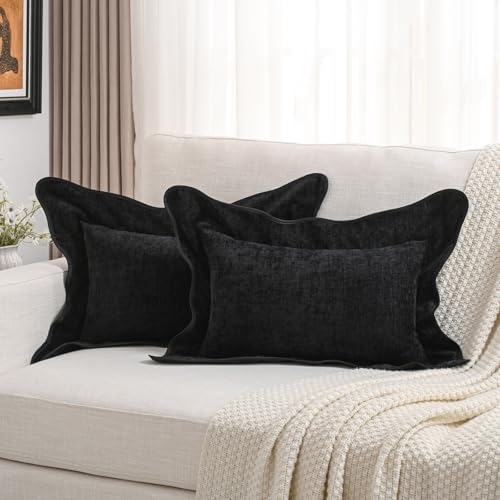 FUTEI Pack of 2 Solid Scalloped Bordered Throw Pillow Covers 12x20 Inch Soft Chenille Decorative Lumbar Pillow Cases Farmhouse Accent for Couch Bed Living Room, Black - color: Black, size: 20" x 12" (Pack of 2)